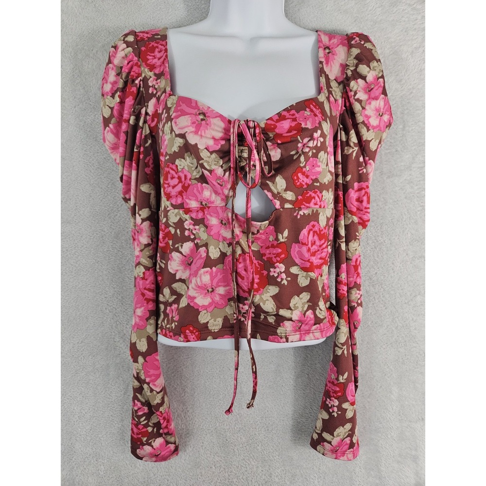 Forever 21 Top Womens Large Brown Pink Floral Long Sleeve Tie Front Ruched Boho